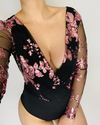 Long sleeve pink floral sequence bodysuit