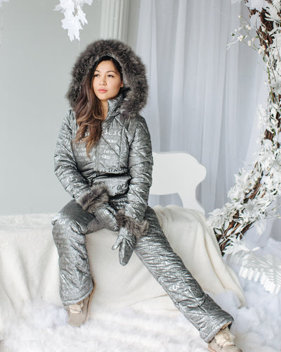 Stylish warm snowsuit with matching mittens and belt bag.
